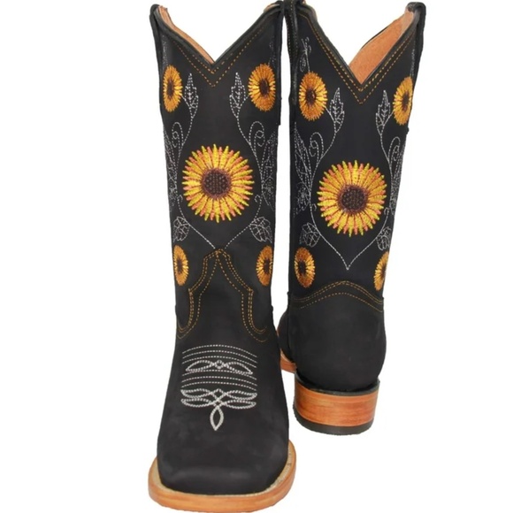 LA SIERRA BLACK LEATHER SUNFLOWER COWGIRL BOOTS - Picture 1 of 13